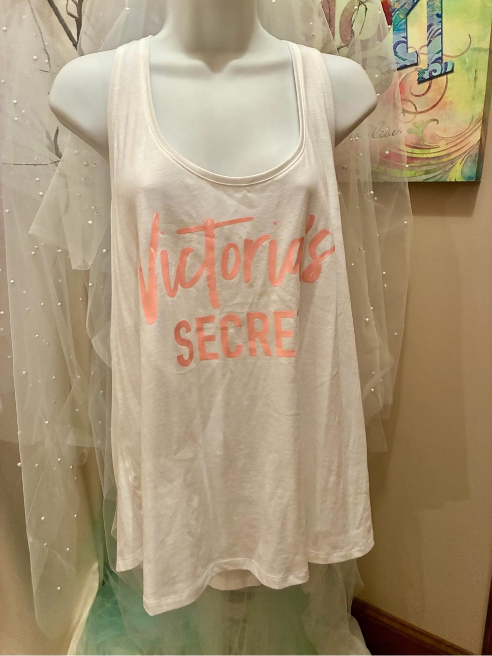 Victoria's Secret White Tank with Coral Pink Logo. NWT